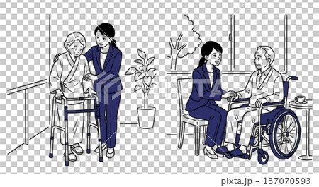 介護と高齢者サポート イラスト素材 歩行補助 車椅子 会話 見守り 2シーン 介護施設 福祉 家族 137070593