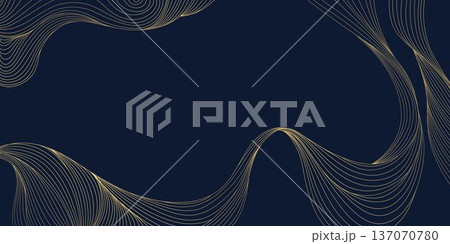 Luxury gold wave line pattern on black background, abstract curves, geometric deco shapes, flowing silk textures. Premium vector illustration, Japanese elegance, packaging, label, poster. 137070780