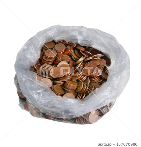 a plastic bag full of euro coins a plastic bag full of euro coins 137070980