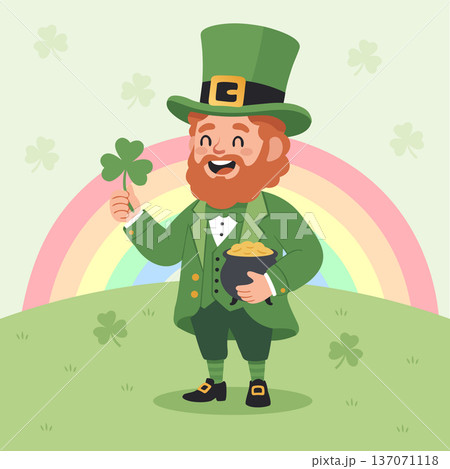 Cheerful cartoon leprechaun character holding a shamrock and pot of gold, perfect for st. patrick's day vector designs 137071118