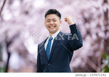 フレッシャーズ　スーツの若い男性　ガッツポーズ 137071142