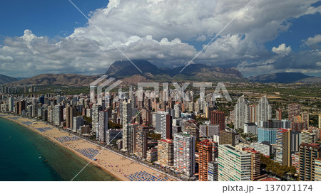 Aerial panorama of Benidorm city skyline and Levante beach with Mediterranean coast Spain Aerial panorama of Benidorm city skyline and Levante beach with Mediterranean coast Spain 137071174