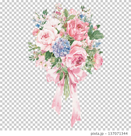 watercolor bouquet of pink roses, isolated on white 137071344