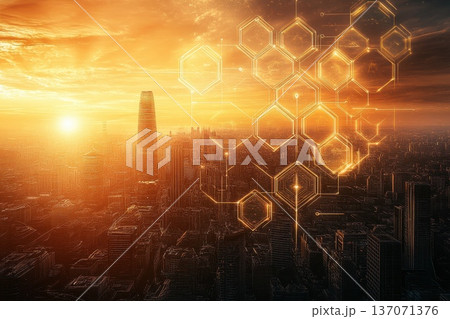 Cybernetic Cityscape at Twilight with Golden Light and Futuristic Elements Cybernetic Cityscape at Twilight with Golden Light and Futuristic Elements 137071376