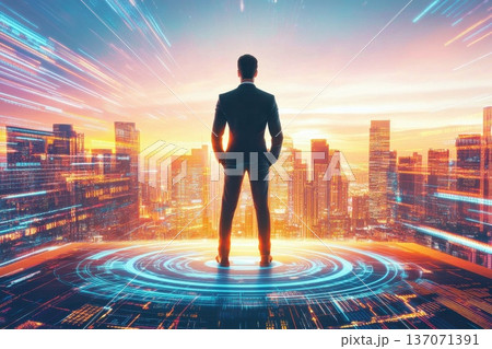 Businessman Standing on Rooftop Helipad Overlooking City Skyline at Sunset 137071391