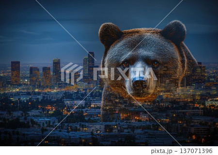 Towering Hologram Bear Over a City at Dusk with Vibrant Urban Lights 137071396