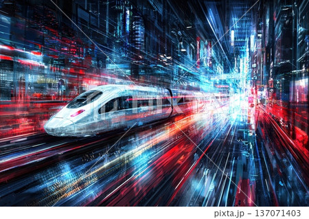 Futuristic Rail Transport Concept with Dynamic Motion and Vibrant City Lights Futuristic Rail Transport Concept with Dynamic Motion and Vibrant City Lights 137071403