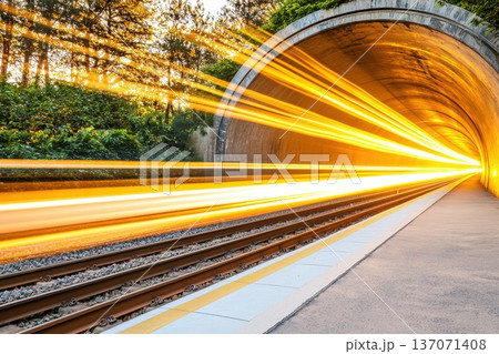 High-Speed Cargo Train Emerging from Tunnel with Blurred Lights in Scenic Landscape 137071408