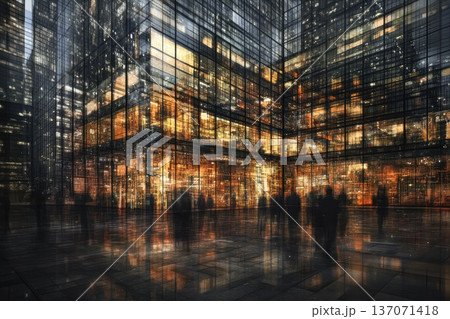 Modern Cityscape at Night with Flowing Data Visuals and Urban Life Reflections Modern Cityscape at Night with Flowing Data Visuals and Urban Life Reflections 137071418