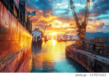 Wide Angle View of a Bustling Shipping Port at Sunset with Cranes and Ships Wide Angle View of a Bustling Shipping Port at Sunset with Cranes and Ships 137071422