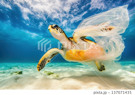 Sea Turtle Swimming Underwater with Transparent Plastic Waste in Ocean Environment 137071435
