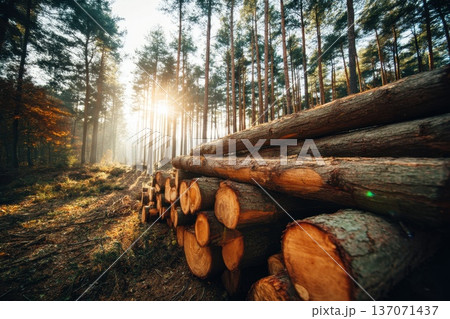 Neatly Stacked Pile of Freshly Cut Logs Surrounded by Dense Green Forest at Sunrise 137071437
