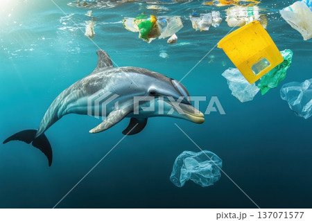 Dolphin Swimming Amidst Plastic Waste in Ocean Water Pollution Scene 137071577