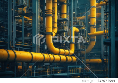 Industrial Pipes and Structures in a Modern Factory Setting with Yellow and Gray Color Palette Industrial Pipes and Structures in a Modern Factory Setting with Yellow and Gray Color Palette 137071594
