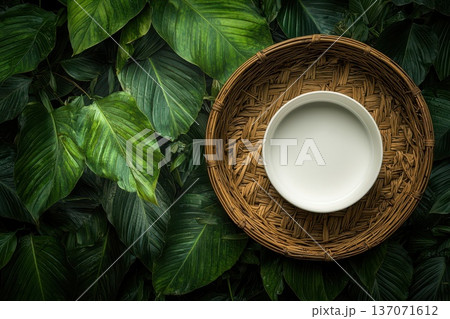 White Container on Woven Basket Surrounded by Lush Green Leaves White Container on Woven Basket Surrounded by Lush Green Leaves 137071612