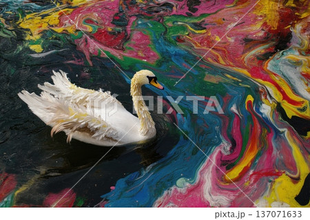 Beautiful swan gliding gracefully on colorful water with plastic-like appearance 137071633
