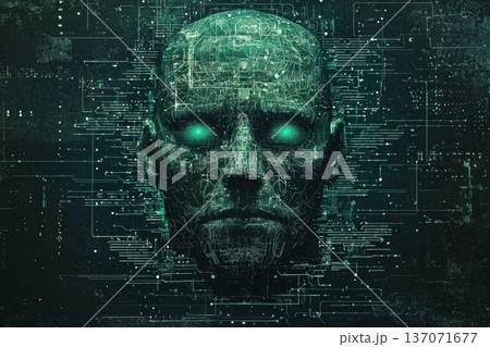 Futuristic Cybernetic Face with Integrated Circuit Patterns Illuminating in Green Light 137071677