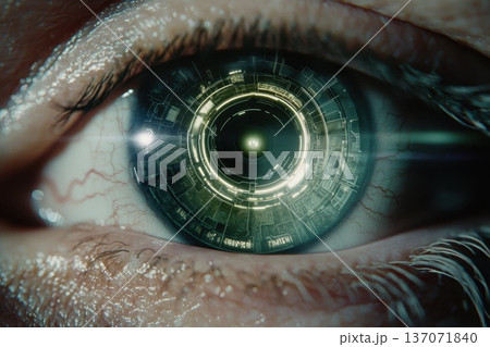 Close-Up of an Eye with Augmented Reality Overlays for Futuristic Concepts 137071840
