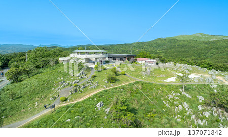 ドローン空撮:新緑の秋吉台カルスト展望台と広大な羊群原の絶景 ドローン空撮:新緑の秋吉台カルスト展望台と広大な羊群原の絶景 137071842