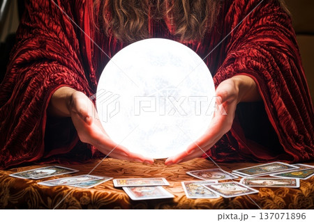 Mysterious Fortune Teller in Flowing Robes Holding Magic Crystal Ball Mysterious Fortune Teller in Flowing Robes Holding Magic Crystal Ball 137071896