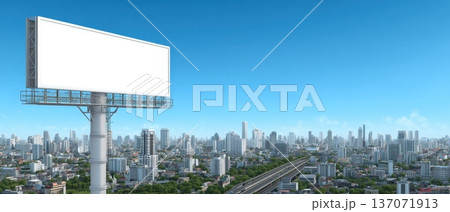 Realistic Digital Billboard in Urban Setting Under Clear Blue Sky with Cityscape Background Realistic Digital Billboard in Urban Setting Under Clear Blue Sky with Cityscape Background 137071913