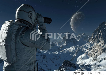 Astronaut Observing Cosmic Phenomena Through Telescope on Distant Planet Surrounded by Mountains Astronaut Observing Cosmic Phenomena Through Telescope on Distant Planet Surrounded by Mountains 137071919