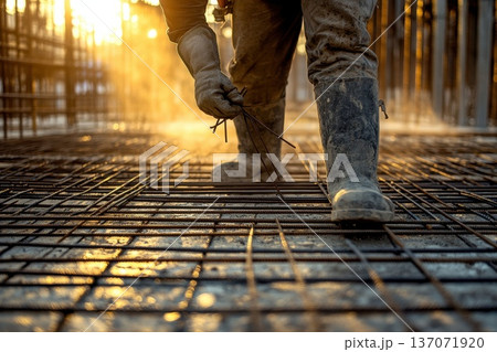 Close-Up Shot of Workers' Hands Tying Rebar on Construction Site at Sunrise 137071920