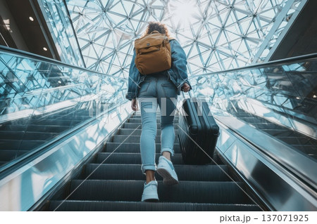 Traveler with Rolling Suitcase Stepping onto Escalator in Modern Transport Terminal 137071925