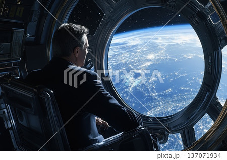 Executive Gazing at Vast Star Field from Spacecraft Window Executive Gazing at Vast Star Field from Spacecraft Window 137071934
