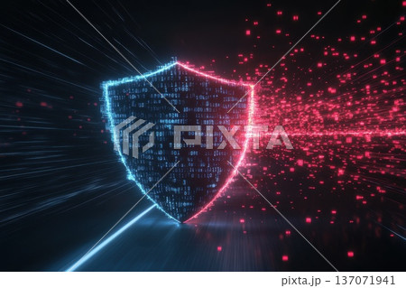 Digital Shield Icon with Binary Data Flow in Blue and Red Colors Representing Cybersecurity Theme 137071941