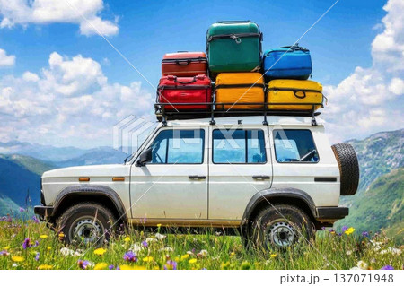 SUV Parked in Open Meadow Ready for Camping Adventure with Colorful Luggage on Roof 137071948