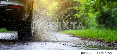 Close-Up Shot of Water Splashing from Tire of Car on Wet Road Surrounded by Greenery 137071991