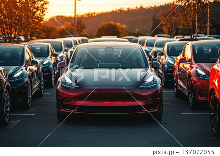 Futuristic Concept of an Electric Vehicle Parking Lot at Sunset in a Modern Urban Setting 137072055