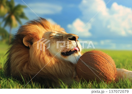 Majestic Lion Lounging in Sunny Savannah Blissful Relaxation 137072079