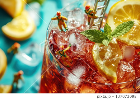 Tiny Workers Climb on Iced Tea Cup Decorated with Lemon and Mint Garnish Tiny Workers Climb on Iced Tea Cup Decorated with Lemon and Mint Garnish 137072098