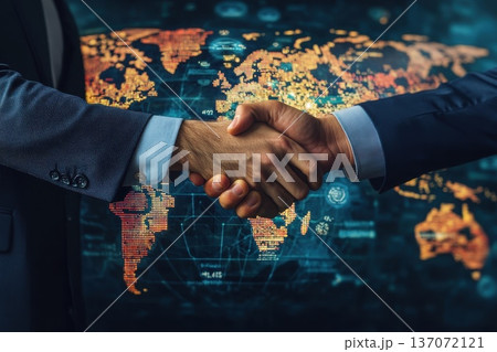 Handshake Between Two Business Leaders with Global Map Background for Collaboration Concept Handshake Between Two Business Leaders with Global Map Background for Collaboration Concept 137072121