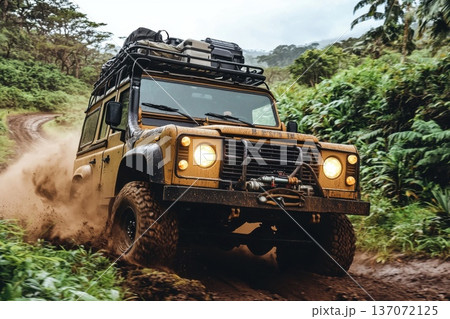 Thrilling Off-Road Adventure with SUV on Muddy Path Through Lush Green Landscape 137072125