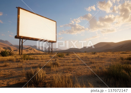 Neon Billboard Hovering Over Sandy Desert Landscape with Dramatic Sky 137072147