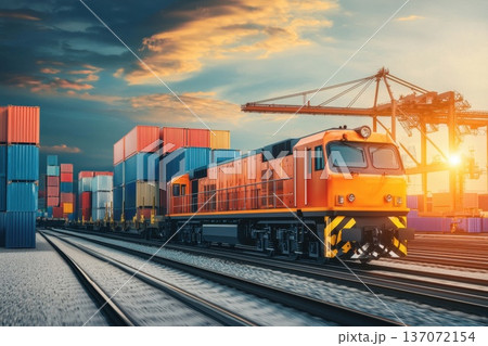 High-Speed Train Transporting Cargo Through Industrial Landscape at Sunset High-Speed Train Transporting Cargo Through Industrial Landscape at Sunset 137072154