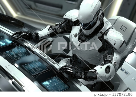 Hyper-Realistic Humanoid Robot Engaged in Futuristic Control Panel Operations 137072196