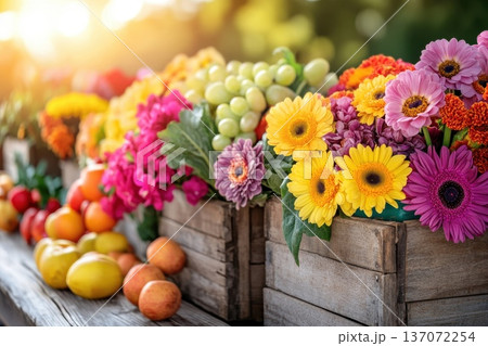 Vibrant and Colorful Flowers at Farmers Market Wooden Stall with Fresh Produce 137072254