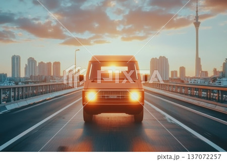 Surreal Futuristic Scene Featuring a Floating Vehicle Against an Urban Skyline Surreal Futuristic Scene Featuring a Floating Vehicle Against an Urban Skyline 137072257