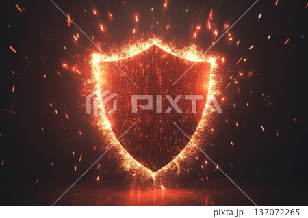 Glowing Shield with Fire Sparks on Dark Background for Protection Concept in Digital Design Glowing Shield with Fire Sparks on Dark Background for Protection Concept in Digital Design 137072265