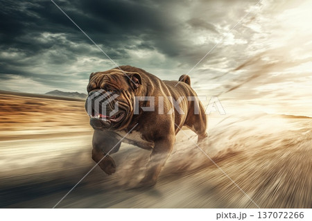 Muscular Bulldog Charging Forward on Race Track at Sunset Muscular Bulldog Charging Forward on Race Track at Sunset 137072266