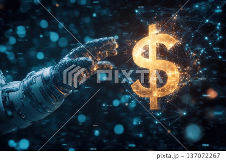 High-Tech Visualization of an Astronaut Drifting Towards a Digital Dollar Sign in Space 137072267