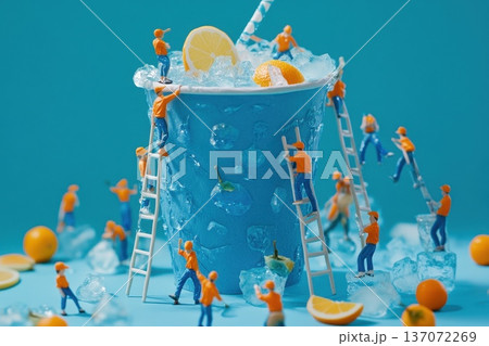 Giant Paper Cup Filled with Refreshing Summer Tea and Miniature Workers at Play Giant Paper Cup Filled with Refreshing Summer Tea and Miniature Workers at Play 137072269