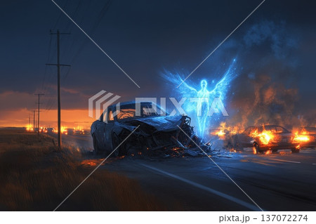 Ethereal Angelic Figure Descends in Soft Glow Over Wreckage on Abandoned Roadway Ethereal Angelic Figure Descends in Soft Glow Over Wreckage on Abandoned Roadway 137072274