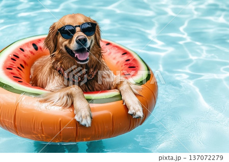 Smiling Golden Retriever Relaxing in Fun Pool Float While Wearing Stylish Sunglasses Smiling Golden Retriever Relaxing in Fun Pool Float While Wearing Stylish Sunglasses 137072279