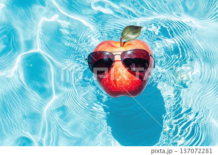 Bold Red Apple with Aviator Sunglasses Floating in Clear Pool Water Bold Red Apple with Aviator Sunglasses Floating in Clear Pool Water 137072281