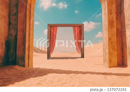 Massive Empty Billboard Framed by Archways in Vast Desert Landscape Massive Empty Billboard Framed by Archways in Vast Desert Landscape 137072291